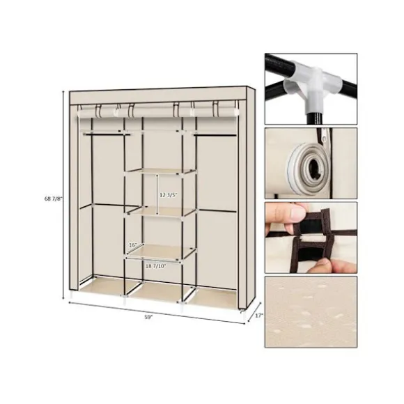 - 69" Non-Woven Fabric Opbevaringsskab - 9 Hylder inklusive Dobbelt Stang - Beige Farve KLB