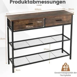 100 cm konsolbord med 2 skuffer 3 plan gangbord lavet af træ sidebord med metalstel rustik brun