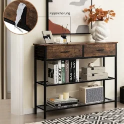 100 cm konsolbord med 2 skuffer 3 plan gangbord lavet af træ sidebord med metalstel rustik brun