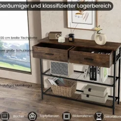 100 cm konsolbord med 2 skuffer 3 plan gangbord lavet af træ sidebord med metalstel rustik brun
