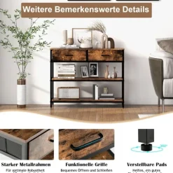 100 cm konsolbord med 2 stofskuffer 3 etagers sidebord rustik brun