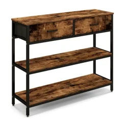 100 cm konsolbord med 2 stofskuffer 3 etagers sidebord rustik brun