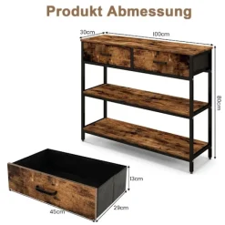 100 cm konsolbord med 2 stofskuffer 3 etagers sidebord rustik brun
