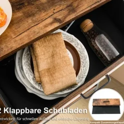 100 cm konsolbord med 2 stofskuffer 3 etagers sidebord rustik brun