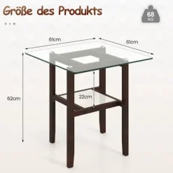 61 cm langt og bredt glas sidebord 2 etagers glasbord med opbevaringsplads brun