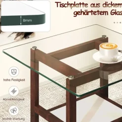 61 cm langt og bredt glas sidebord 2 etagers glasbord med opbevaringsplads brun