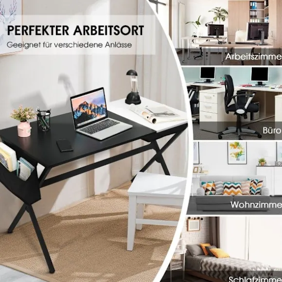 120 cm langt skrivebord med kubeskuffe & sidelomme computerbord sort + hvid