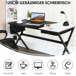 120 cm langt skrivebord med kubeskuffe & sidelomme computerbord sort + hvid