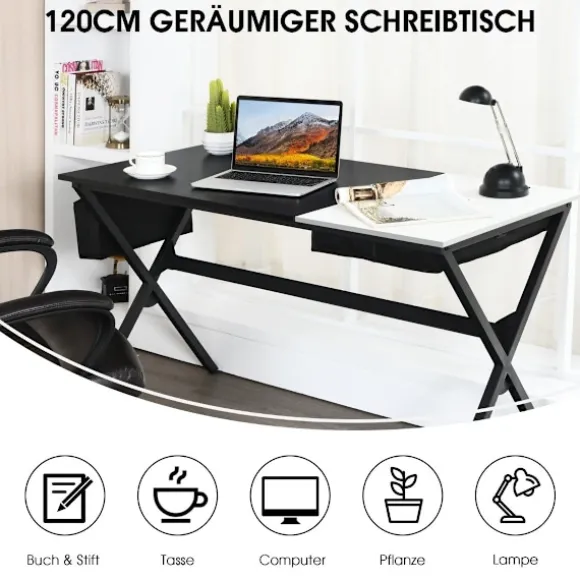 120 cm langt skrivebord med kubeskuffe & sidelomme computerbord sort + hvid
