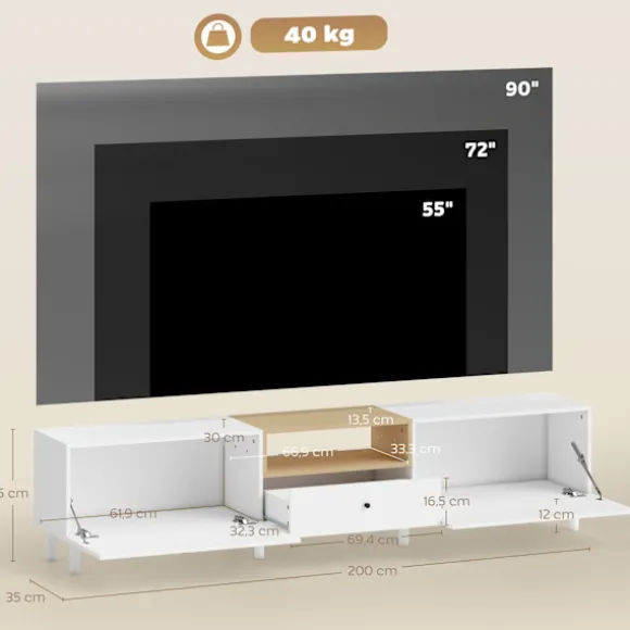 200 cm TV-bord til 90-tommer TV, 2 døre, skuffe, hvid