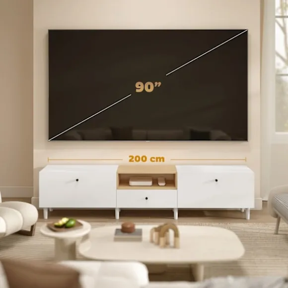200 cm TV-bord til 90-tommer TV, 2 døre, skuffe, hvid
