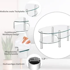 3 etagers glasbord med moderne ovalt design, tre etagers gennemsigtig hylde