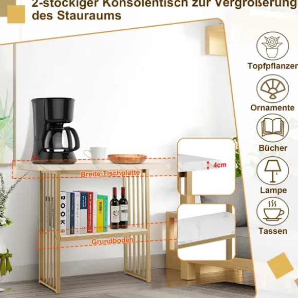 2 etagers konsolbord med marmorlook 120 x 29,5 x 92,5 cm hvid & guld