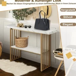 2 etagers konsolbord med marmorlook 120 x 29,5 x 92,5 cm hvid & guld