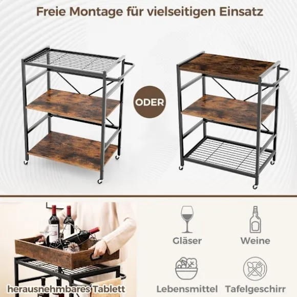 3 etagers serveringsvogn køkkenvogn med aftagelig bakke & håndtag 73 x 40 x 94 cm brun + sort