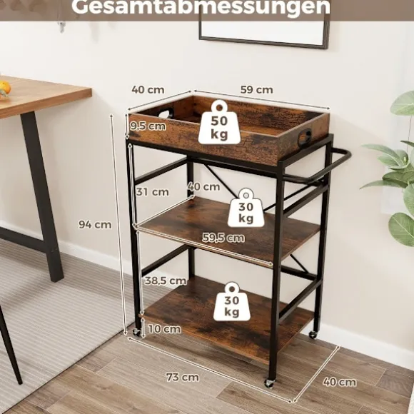 3 etagers serveringsvogn køkkenvogn med aftagelig bakke & håndtag 73 x 40 x 94 cm brun + sort