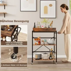 3 etagers serveringsvogn køkkenvogn med aftagelig bakke & håndtag 73 x 40 x 94 cm brun + sort