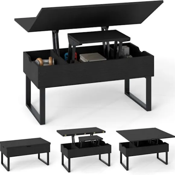 3 i 1 Sofabord med Hæveplade COSTWAY, 3 Skjulte Opbevaringsrum, 100x50x49 cm Konvertibelt Stuebord, Sort Sort