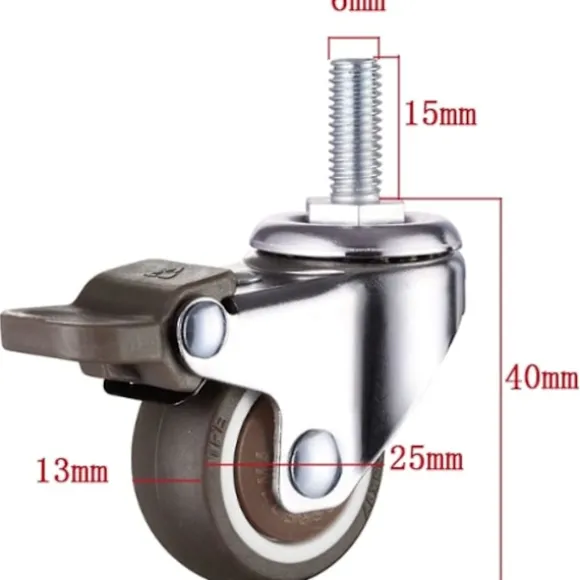 4 Pak Små Møbelhjul 25mm Bløde Tpe Gummi M6 X 15mm Gevind (2stk Med Bremse) (25mm)