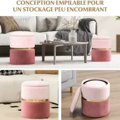 2 Poufs, Opbevaringskister - COSTWAY - 32 L + 21 L, i Velour, Dekorative Fodskamler i Rosa, Maks belastning: 150KG