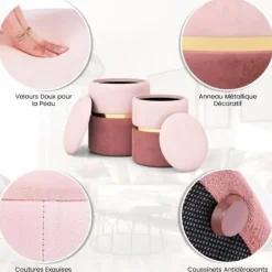 2 Poufs, Opbevaringskister - COSTWAY - 32 L + 21 L, i Velour, Dekorative Fodskamler i Rosa, Maks belastning: 150KG