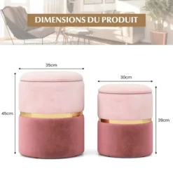 2 Poufs, Opbevaringskister - COSTWAY - 32 L + 21 L, i Velour, Dekorative Fodskamler i Rosa, Maks belastning: 150KG