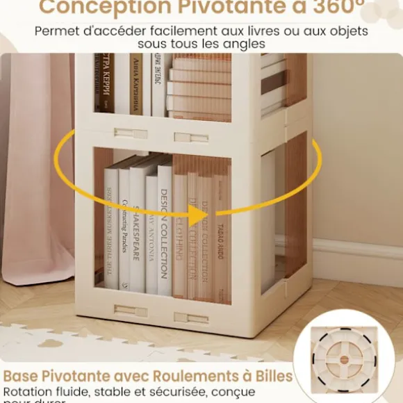 360° roterende 3-niveau bibliotek COSTWAY, 108cm foldbar hjørne reol i gennemsigtig til stue, soveværelse, kontor, hvid Vit