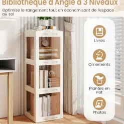 360° roterende 3-niveau bibliotek COSTWAY, 108cm foldbar hjørne reol i gennemsigtig til stue, soveværelse, kontor, hvid Vit