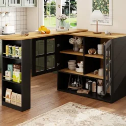 360° Roterende Spisebordsbar med Snackhylde, 5 Hylder & Glas, Multifunktionelt Skænk, Sort Black