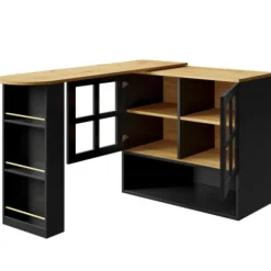 360° Roterende Spisebordsbar med Snackhylde, 5 Hylder & Glas, Multifunktionelt Skænk, Sort Black