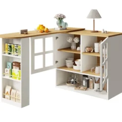 360° Roterende Spisebordsbar med Snackhylde, 5 Hylder & Glas, Multifunktionelt Skænk, Hvid White
