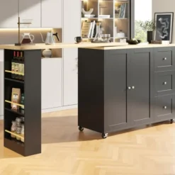 360° Roterende Stående Bord på Hjul, 135-203 cm med 3 Skuffer & Snackholder, Multifunktionel Sort Black