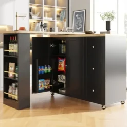 360° Roterende Stående Bord på Hjul, 135-203 cm med 3 Skuffer & Snackholder, Multifunktionel Sort Black