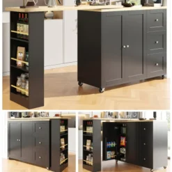 360° Roterende Stående Bord på Hjul, 135-203 cm med 3 Skuffer & Snackholder, Multifunktionel Sort Black
