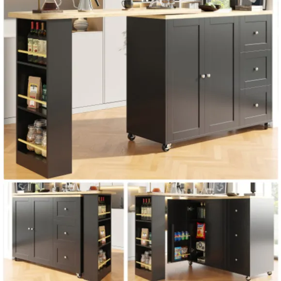 360° Roterende Stående Bord på Hjul, 135-203 cm med 3 Skuffer & Snackholder, Multifunktionel Sort Black