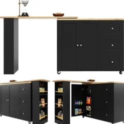 360° Roterende Stående Bord på Hjul, 135-203 cm med 3 Skuffer & Snackholder, Multifunktionel Sort Black