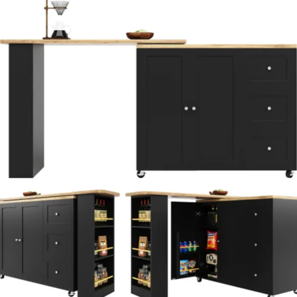 360° Roterende Stående Bord på Hjul, 135-203 cm med 3 Skuffer & Snackholder, Multifunktionel Sort Black