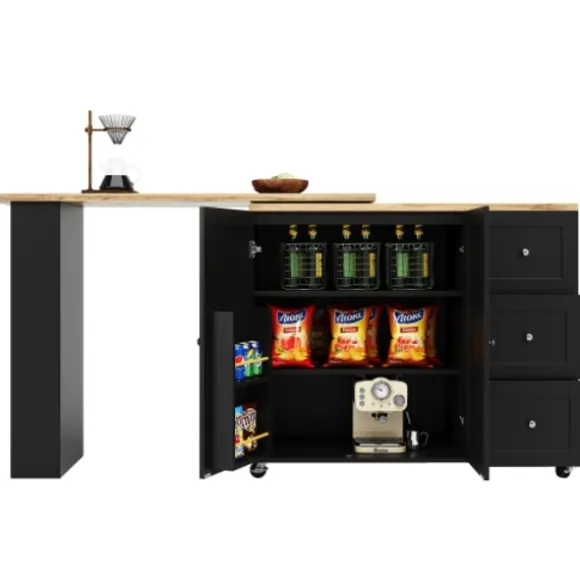 360° Roterende Stående Bord på Hjul, 135-203 cm med 3 Skuffer & Snackholder, Multifunktionel Sort Black