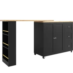 360° Roterende Stående Bord på Hjul, 135-203 cm med 3 Skuffer & Snackholder, Multifunktionel Sort Black
