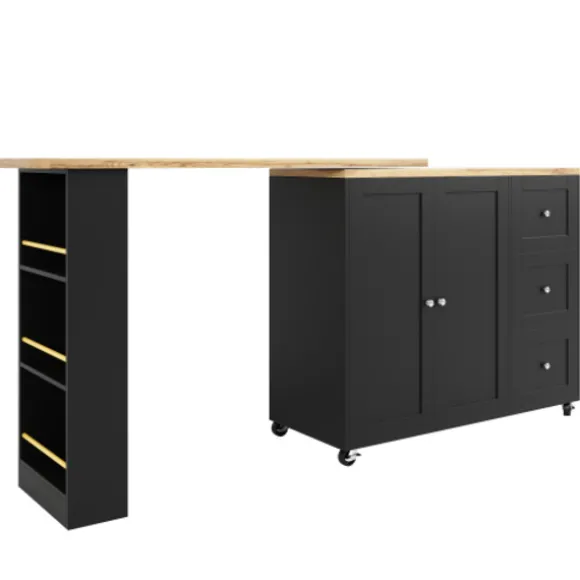 360° Roterende Stående Bord på Hjul, 135-203 cm med 3 Skuffer & Snackholder, Multifunktionel Sort Black