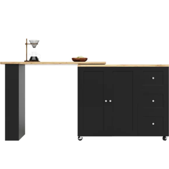 360° Roterende Stående Bord på Hjul, 135-203 cm med 3 Skuffer & Snackholder, Multifunktionel Sort Black