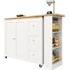360° Roterende Stående Bord på Hjul, 135-203 cm med 3 Skuffer & Snackholder, Multifunktionel Hvid White
