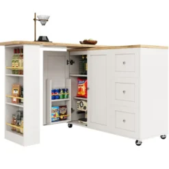 360° Roterende Stående Bord på Hjul, 135-203 cm med 3 Skuffer & Snackholder, Multifunktionel Hvid White