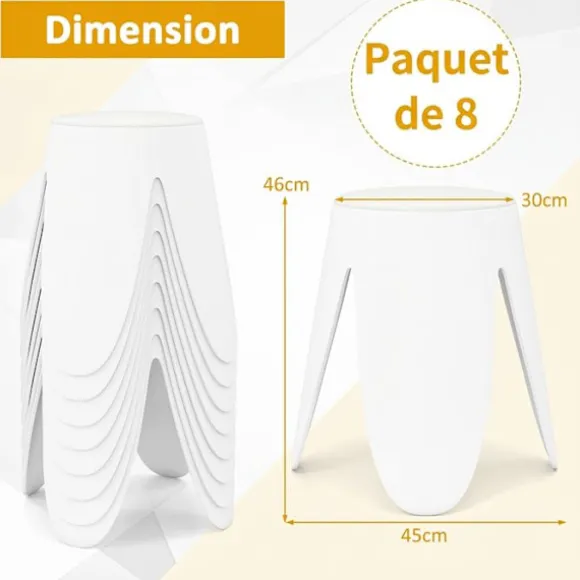 8 Stapelbare Skamler Ø 45 x H46 cm -COSTWAY- Sæde i Kunstlæder Indvendig i Skum, Struktur i Hvid PP Vit