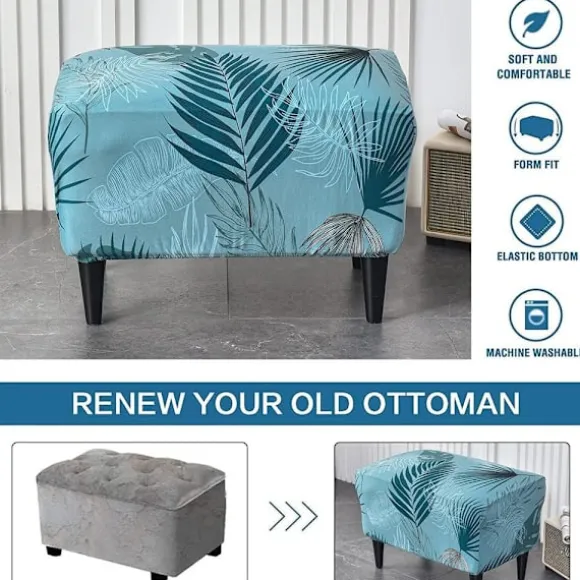 1 stk. (søblå blade) Ottoman-betræk rektangulært strækbart Ottoman C