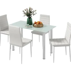 5 Stk. Spisegruppe, Spisebord Med 4 Stole, Køkkenbord Med Hærdet Glasplade, Spisestuegruppe, Stål, Sort
