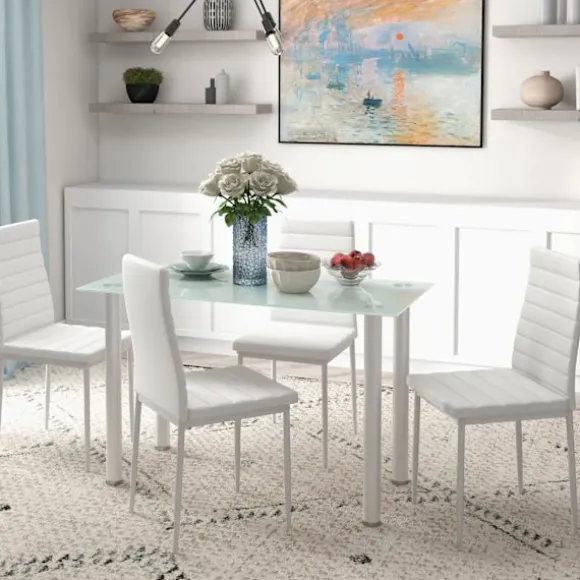 5 Stk. Spisegruppe, Spisebord Med 4 Stole, Køkkenbord Med Hærdet Glasplade, Spisestuegruppe, Stål, Sort