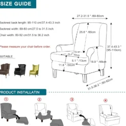1 stk. Wingback Stolebetræk Slipcovers Stretch Wing Stolebetræk Spandex Sofa/Lænestol Skridsikker Møbelbeskytter til Stue
