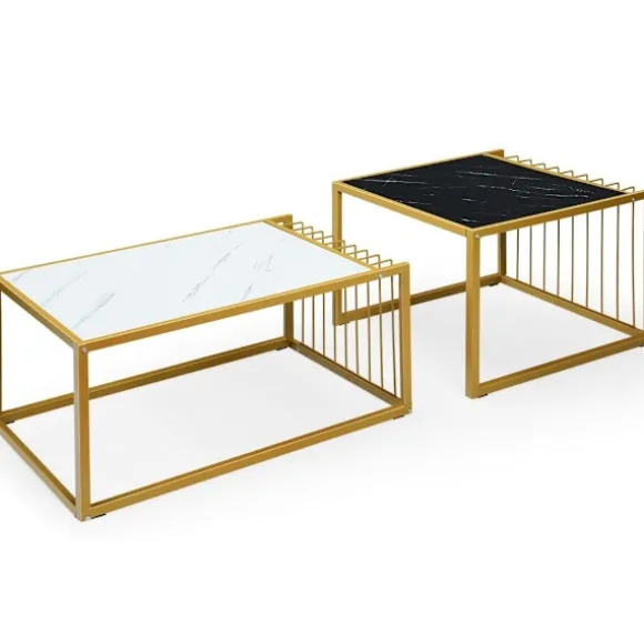 2 x sidebordssæt, sofabord, moderne sidebord i marmor, gul + sort + hvid
