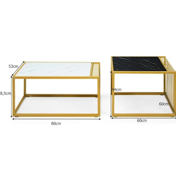 2 x sidebordssæt, sofabord, moderne sidebord i marmor, gul + sort + hvid